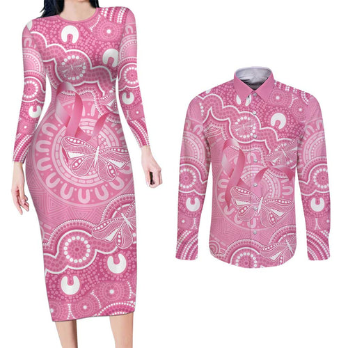Australia Indigenous Couples Matching Long Sleeve Bodycon Dress and Long Sleeve Button Shirt Pink Ribbon Breast Cancer Butterfly Aboriginal - Aussie Hoodie