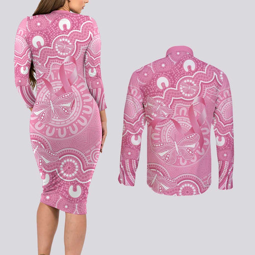 Australia Indigenous Couples Matching Long Sleeve Bodycon Dress and Long Sleeve Button Shirt Pink Ribbon Breast Cancer Butterfly Aboriginal - Aussie Hoodie