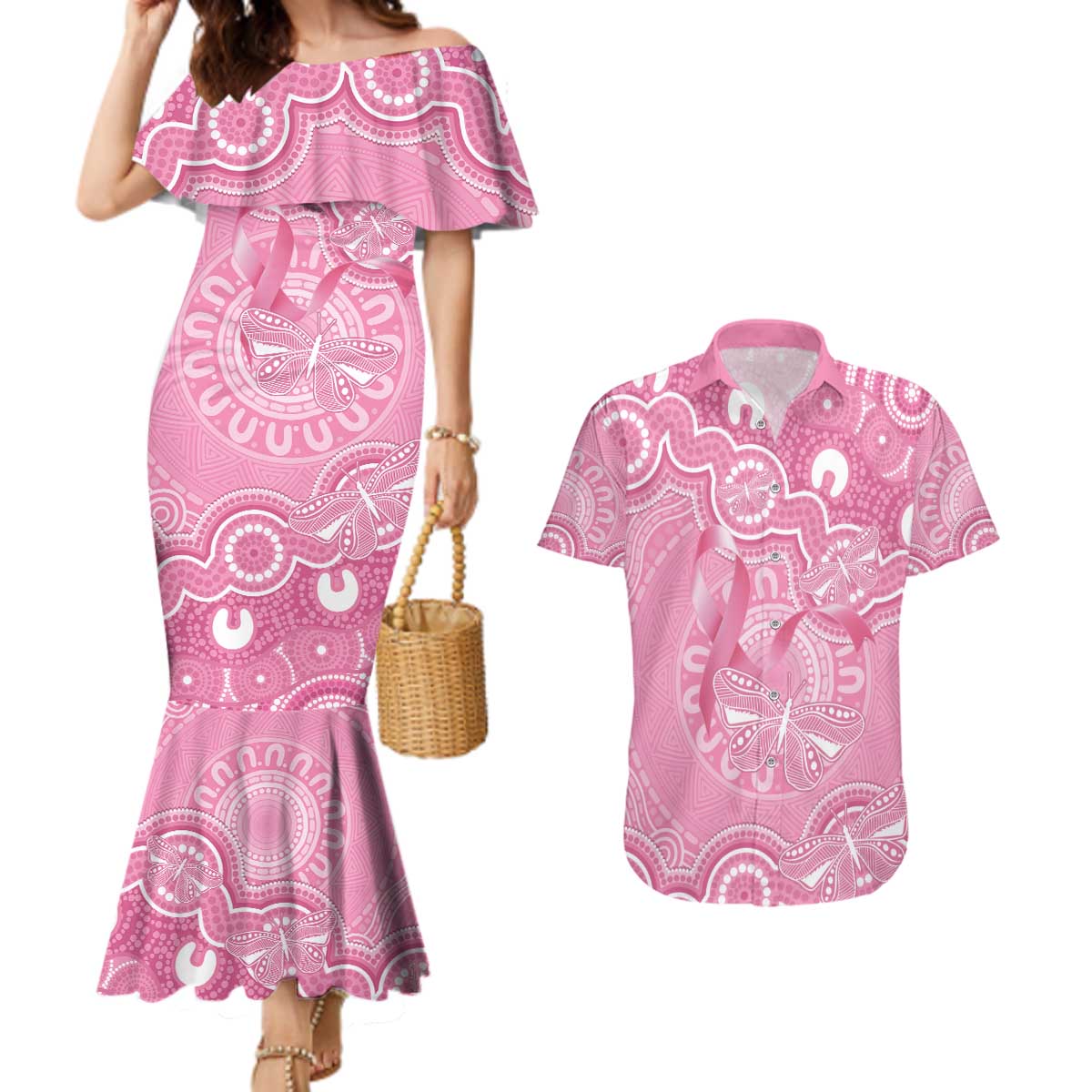 Australia Indigenous Couples Matching Mermaid Dress and Hawaiian Shirt Pink Ribbon Breast Cancer Butterfly Aboriginal - Aussie Hoodie