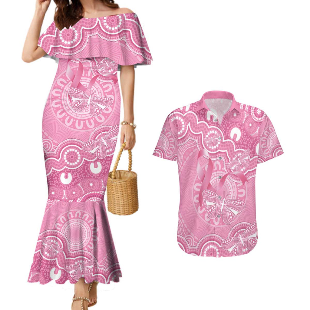 Australia Indigenous Couples Matching Mermaid Dress and Hawaiian Shirt Pink Ribbon Breast Cancer Butterfly Aboriginal - Aussie Hoodie