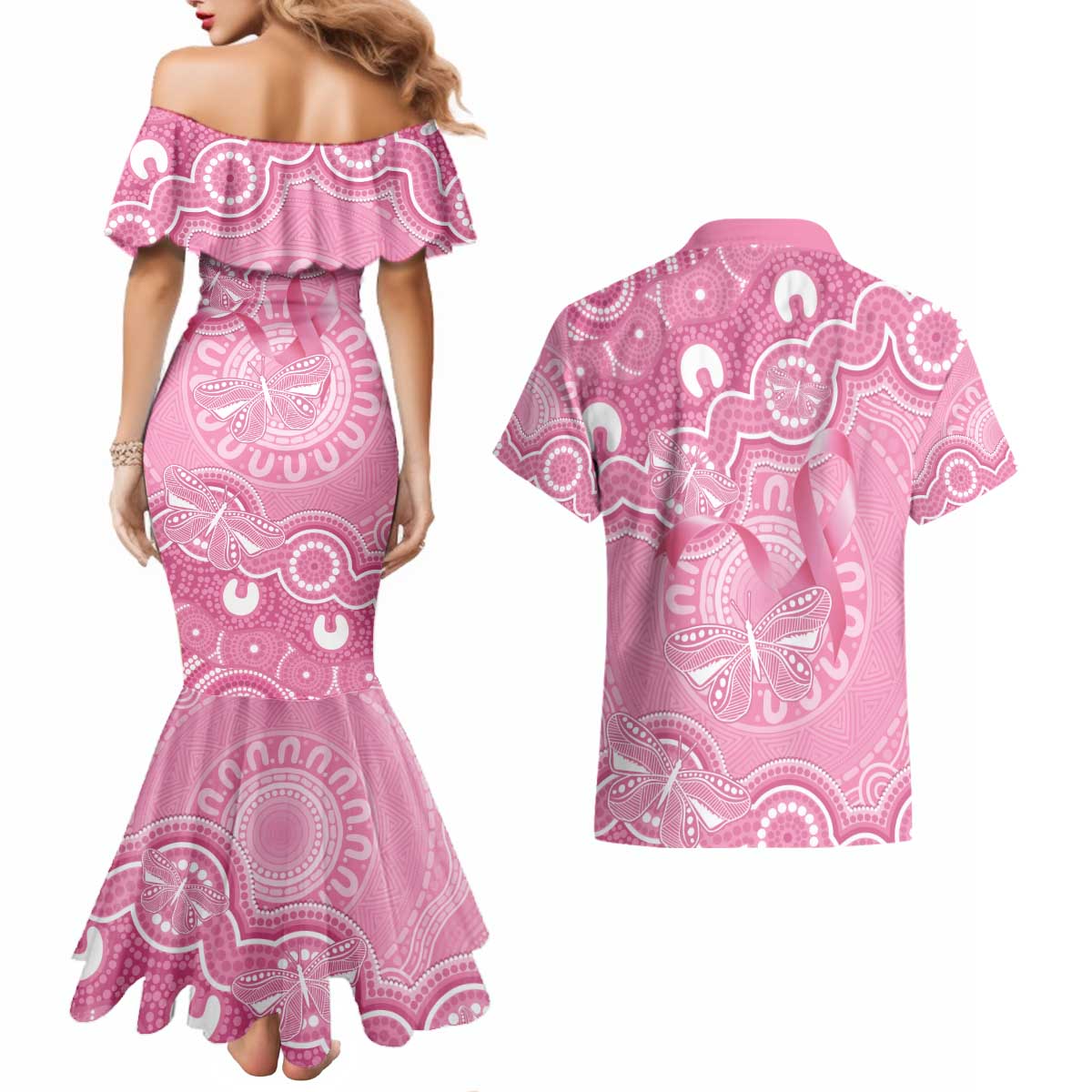 Australia Indigenous Couples Matching Mermaid Dress and Hawaiian Shirt Pink Ribbon Breast Cancer Butterfly Aboriginal - Aussie Hoodie