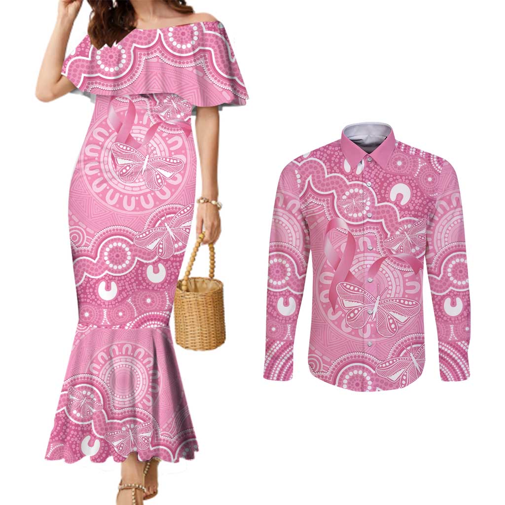 Australia Indigenous Couples Matching Mermaid Dress and Long Sleeve Button Shirt Pink Ribbon Breast Cancer Butterfly Aboriginal - Aussie Hoodie