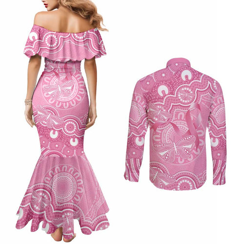 Australia Indigenous Couples Matching Mermaid Dress and Long Sleeve Button Shirt Pink Ribbon Breast Cancer Butterfly Aboriginal - Aussie Hoodie
