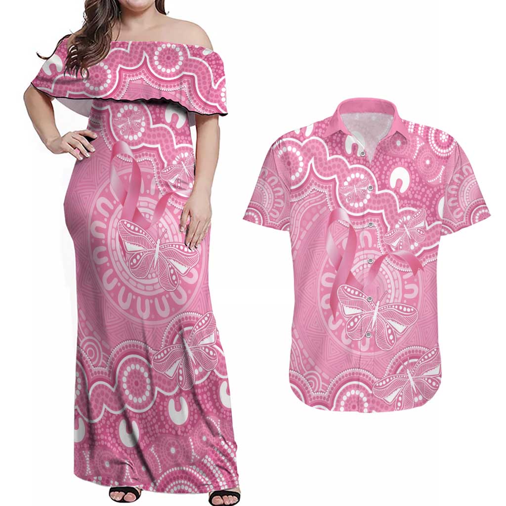 Australia Indigenous Couples Matching Off Shoulder Maxi Dress and Hawaiian Shirt Pink Ribbon Breast Cancer Butterfly Aboriginal - Aussie Hoodie