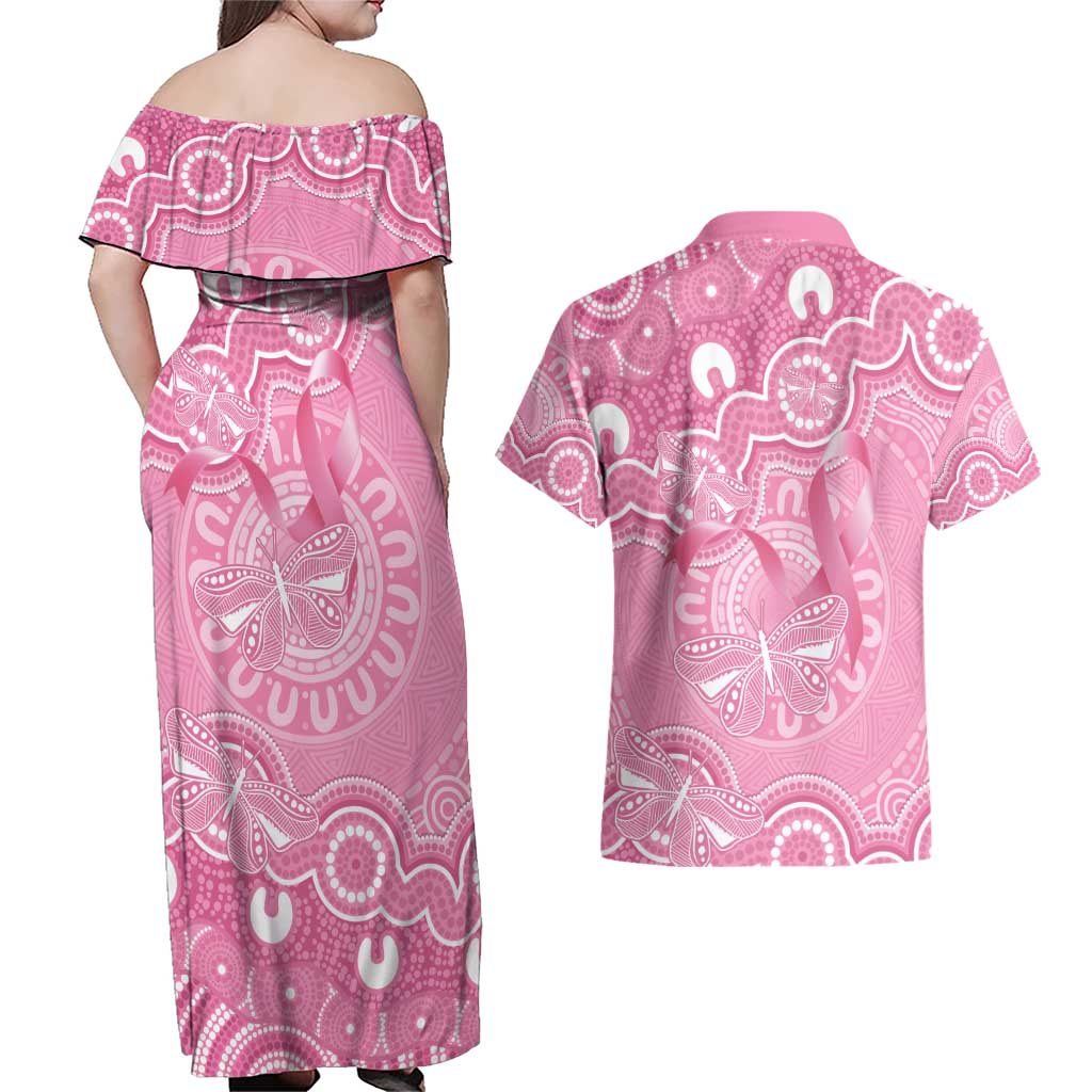 Australia Indigenous Couples Matching Off Shoulder Maxi Dress and Hawaiian Shirt Pink Ribbon Breast Cancer Butterfly Aboriginal - Aussie Hoodie