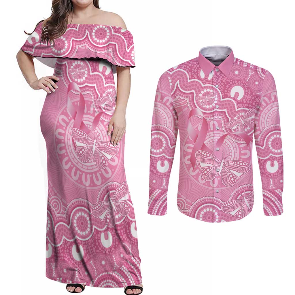 Australia Indigenous Couples Matching Off Shoulder Maxi Dress and Long Sleeve Button Shirt Pink Ribbon Breast Cancer Butterfly Aboriginal - Aussie Hoodie