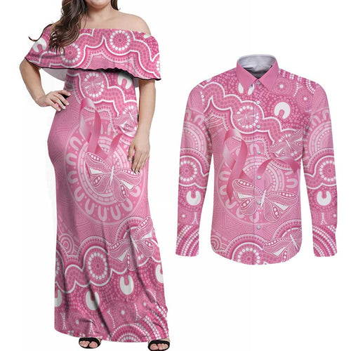 Australia Indigenous Couples Matching Off Shoulder Maxi Dress and Long Sleeve Button Shirt Pink Ribbon Breast Cancer Butterfly Aboriginal - Aussie Hoodie
