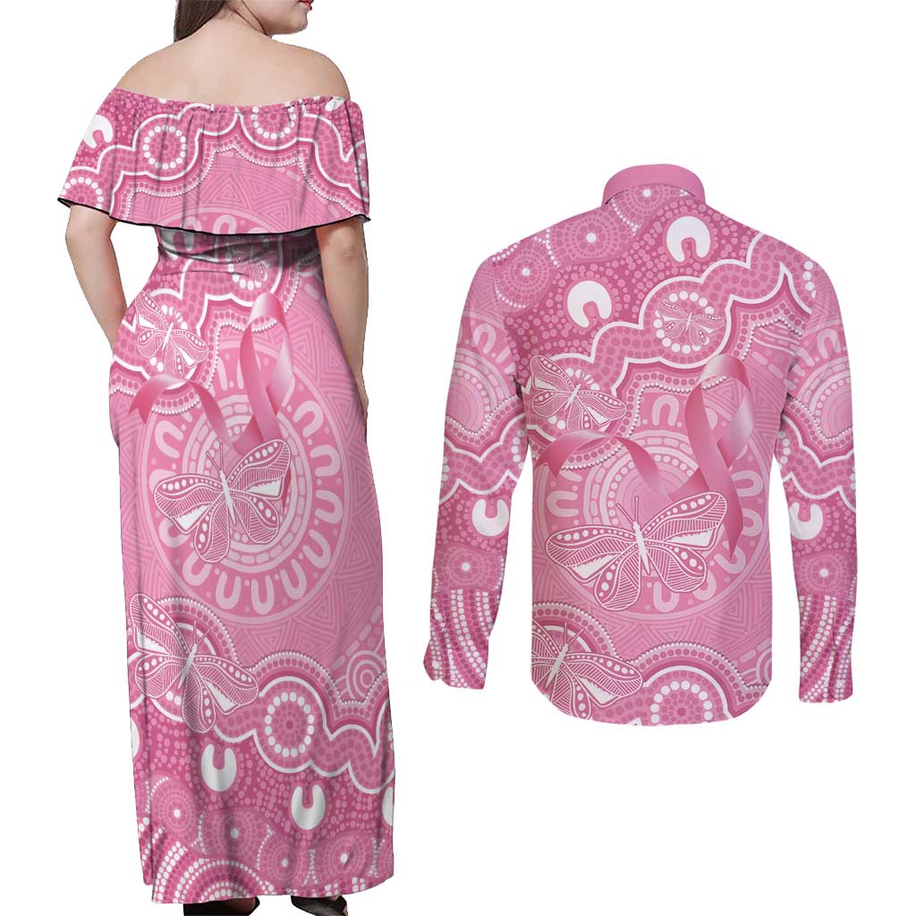 Australia Indigenous Couples Matching Off Shoulder Maxi Dress and Long Sleeve Button Shirt Pink Ribbon Breast Cancer Butterfly Aboriginal - Aussie Hoodie