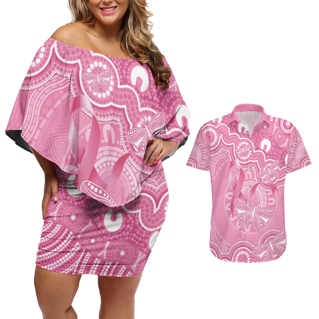 Australia Indigenous Couples Matching Off Shoulder Short Dress and Hawaiian Shirt Pink Ribbon Breast Cancer Butterfly Aboriginal - Aussie Hoodie