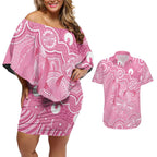 Australia Indigenous Couples Matching Off Shoulder Short Dress and Hawaiian Shirt Pink Ribbon Breast Cancer Butterfly Aboriginal - Aussie Hoodie