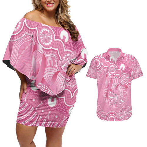 Australia Indigenous Couples Matching Off Shoulder Short Dress and Hawaiian Shirt Pink Ribbon Breast Cancer Butterfly Aboriginal - Aussie Hoodie