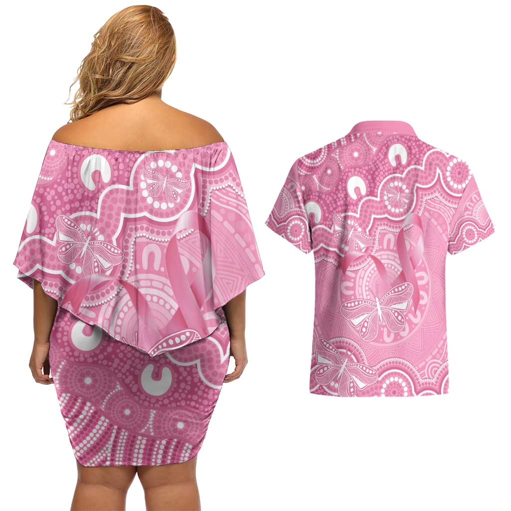Australia Indigenous Couples Matching Off Shoulder Short Dress and Hawaiian Shirt Pink Ribbon Breast Cancer Butterfly Aboriginal - Aussie Hoodie