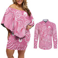 Australia Indigenous Couples Matching Off Shoulder Short Dress and Long Sleeve Button Shirt Pink Ribbon Breast Cancer Butterfly Aboriginal - Aussie Hoodie