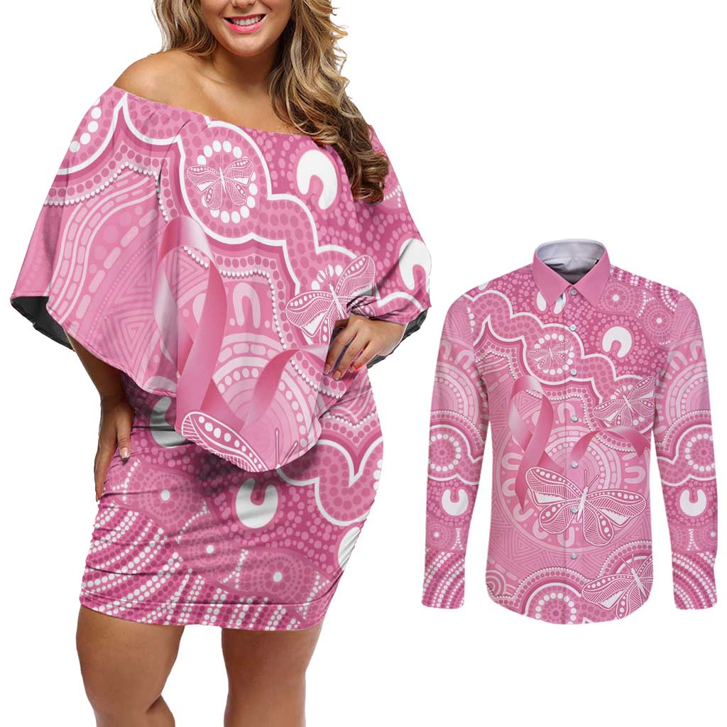 Australia Indigenous Couples Matching Off Shoulder Short Dress and Long Sleeve Button Shirt Pink Ribbon Breast Cancer Butterfly Aboriginal - Aussie Hoodie
