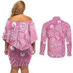 Australia Indigenous Couples Matching Off Shoulder Short Dress and Long Sleeve Button Shirt Pink Ribbon Breast Cancer Butterfly Aboriginal - Aussie Hoodie