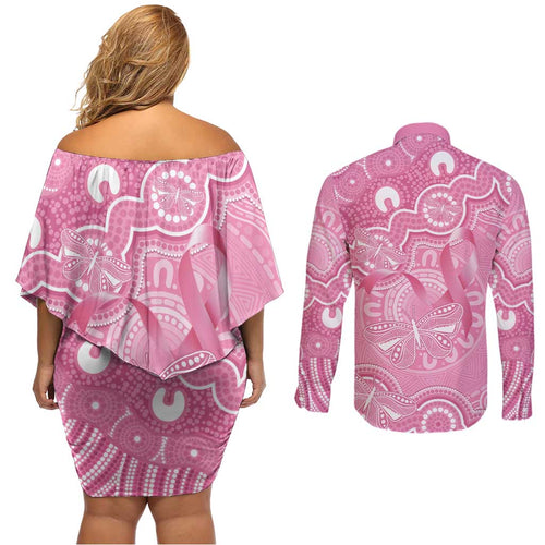 Australia Indigenous Couples Matching Off Shoulder Short Dress and Long Sleeve Button Shirt Pink Ribbon Breast Cancer Butterfly Aboriginal - Aussie Hoodie
