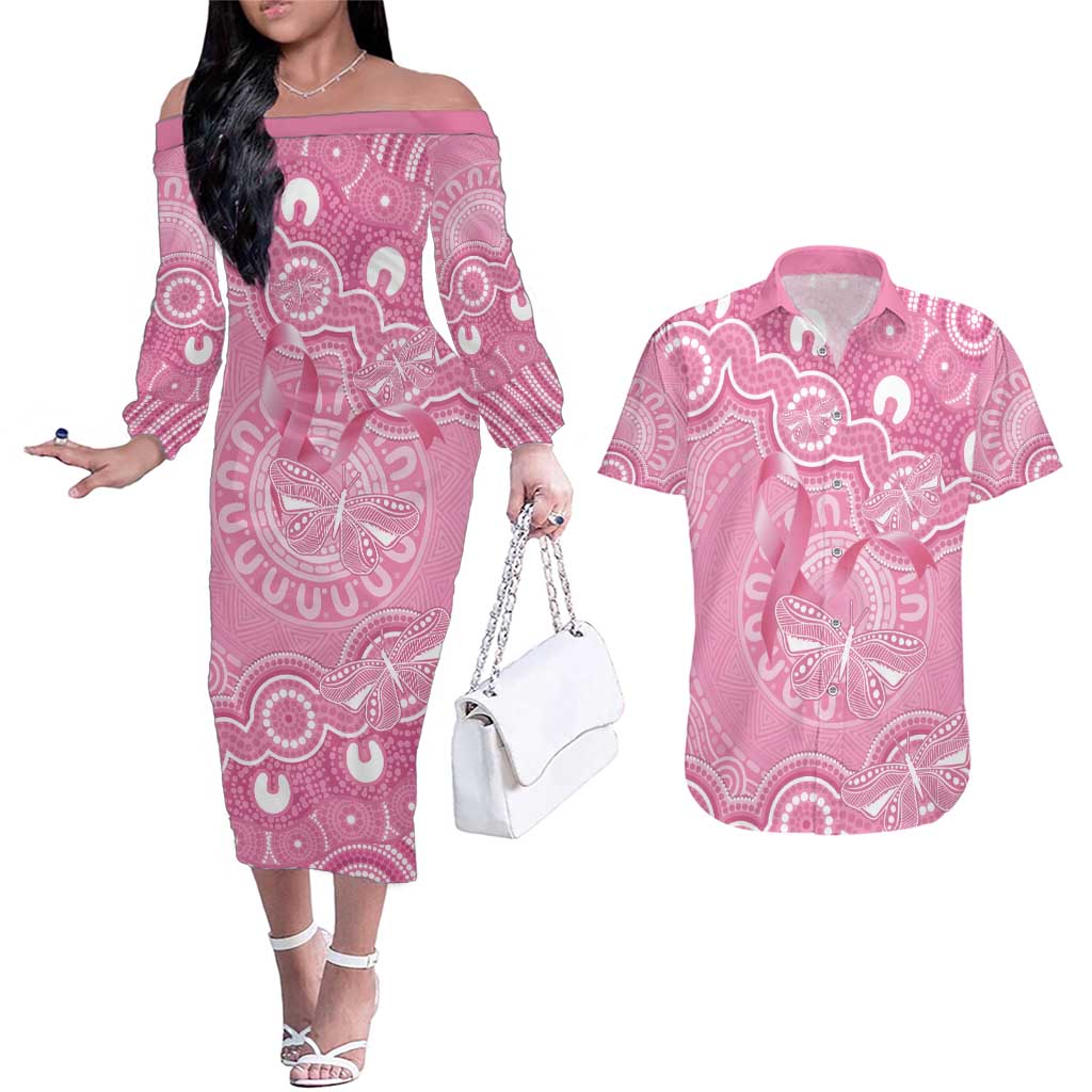 Australia Indigenous Couples Matching Off The Shoulder Long Sleeve Dress and Hawaiian Shirt Pink Ribbon Breast Cancer Butterfly Aboriginal - Aussie Hoodie
