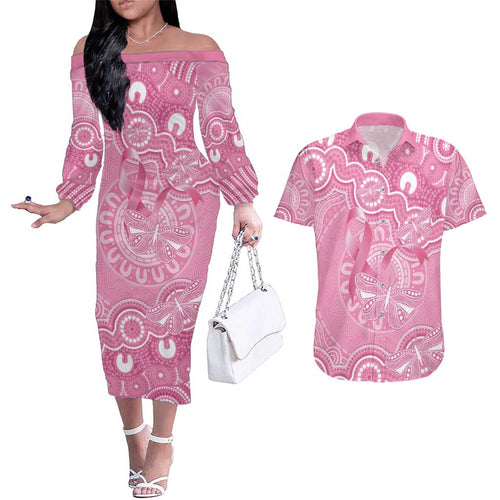 Australia Indigenous Couples Matching Off The Shoulder Long Sleeve Dress and Hawaiian Shirt Pink Ribbon Breast Cancer Butterfly Aboriginal - Aussie Hoodie