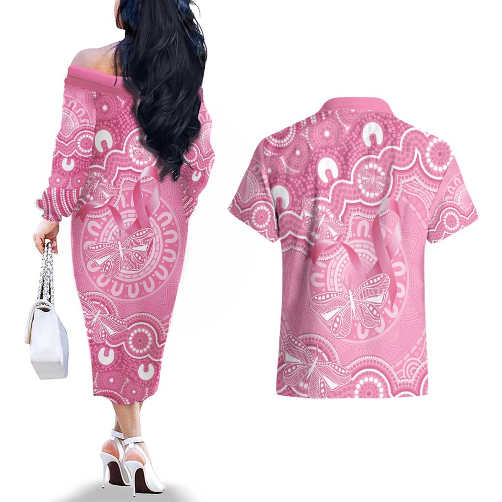 Australia Indigenous Couples Matching Off The Shoulder Long Sleeve Dress and Hawaiian Shirt Pink Ribbon Breast Cancer Butterfly Aboriginal - Aussie Hoodie
