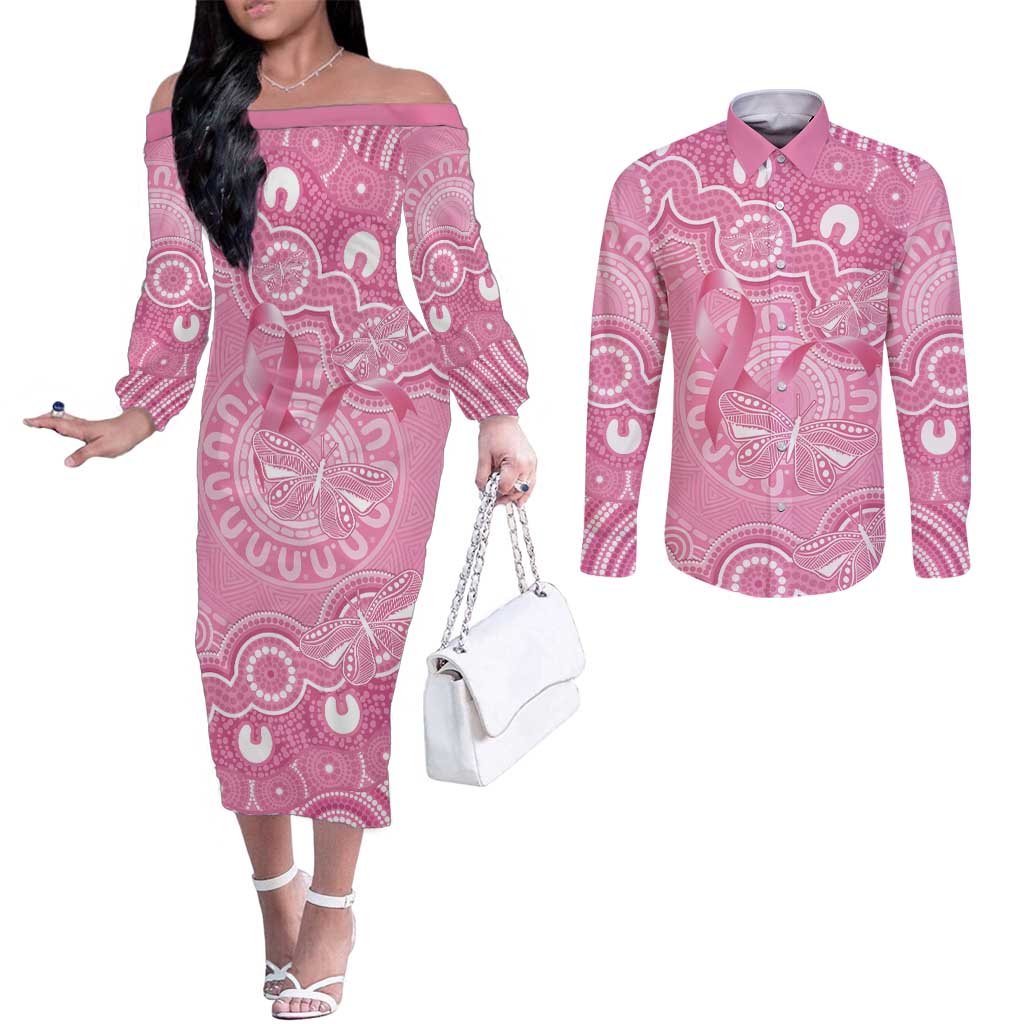 Australia Indigenous Couples Matching Off The Shoulder Long Sleeve Dress and Long Sleeve Button Shirt Pink Ribbon Breast Cancer Butterfly Aboriginal - Aussie Hoodie