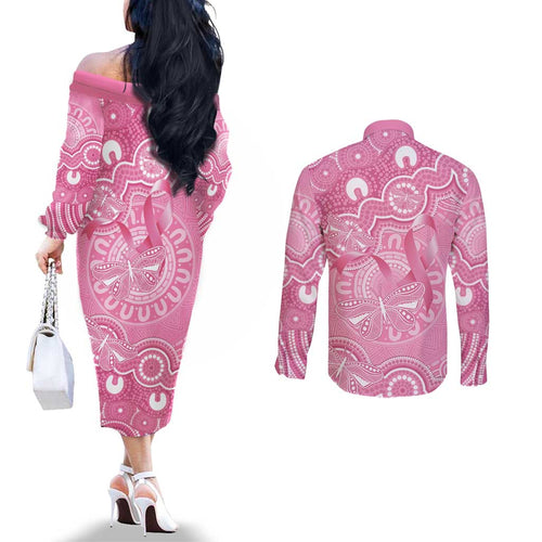 Australia Indigenous Couples Matching Off The Shoulder Long Sleeve Dress and Long Sleeve Button Shirt Pink Ribbon Breast Cancer Butterfly Aboriginal - Aussie Hoodie