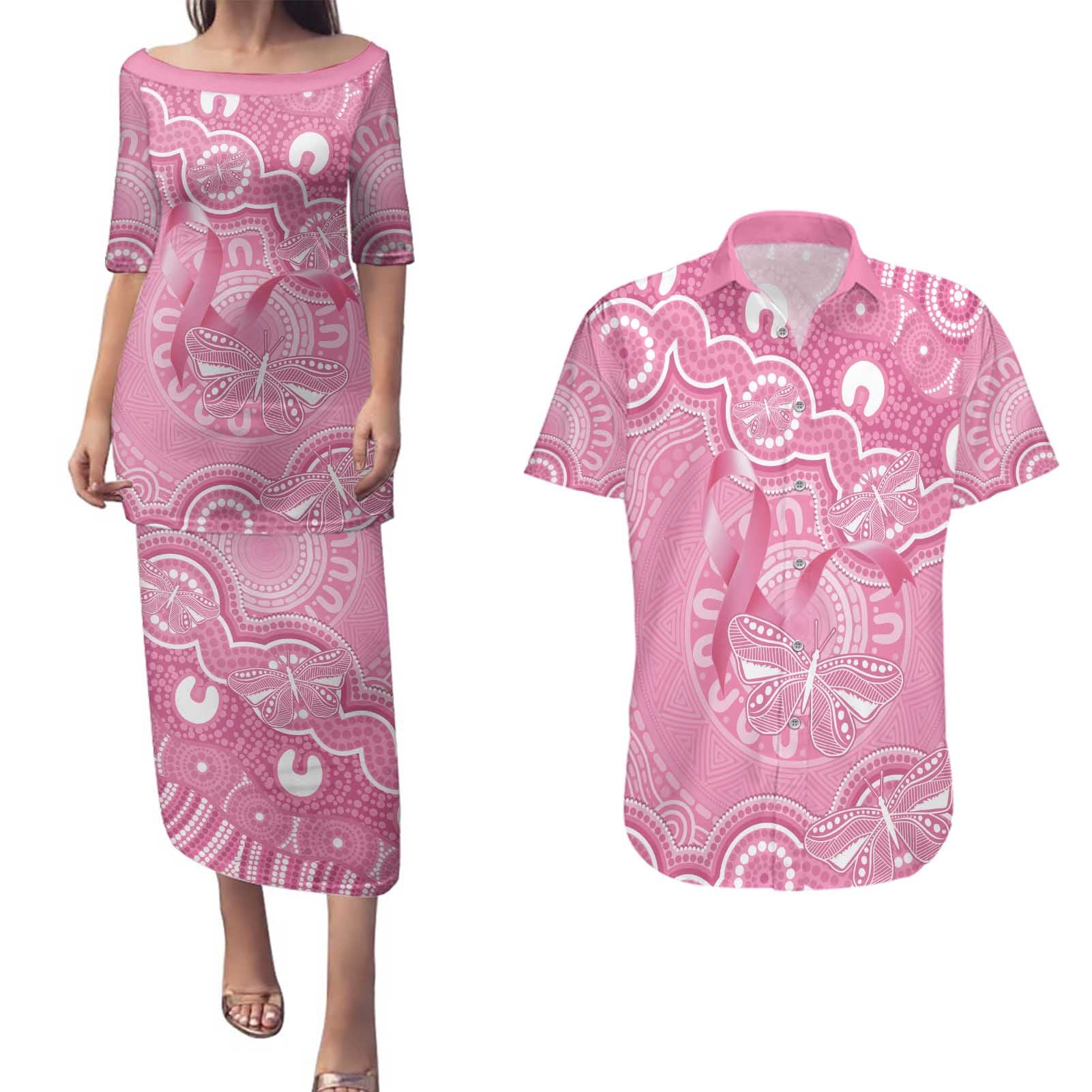 Australia Indigenous Couples Matching Puletasi and Hawaiian Shirt Pink Ribbon Breast Cancer Butterfly Aboriginal - Aussie Hoodie
