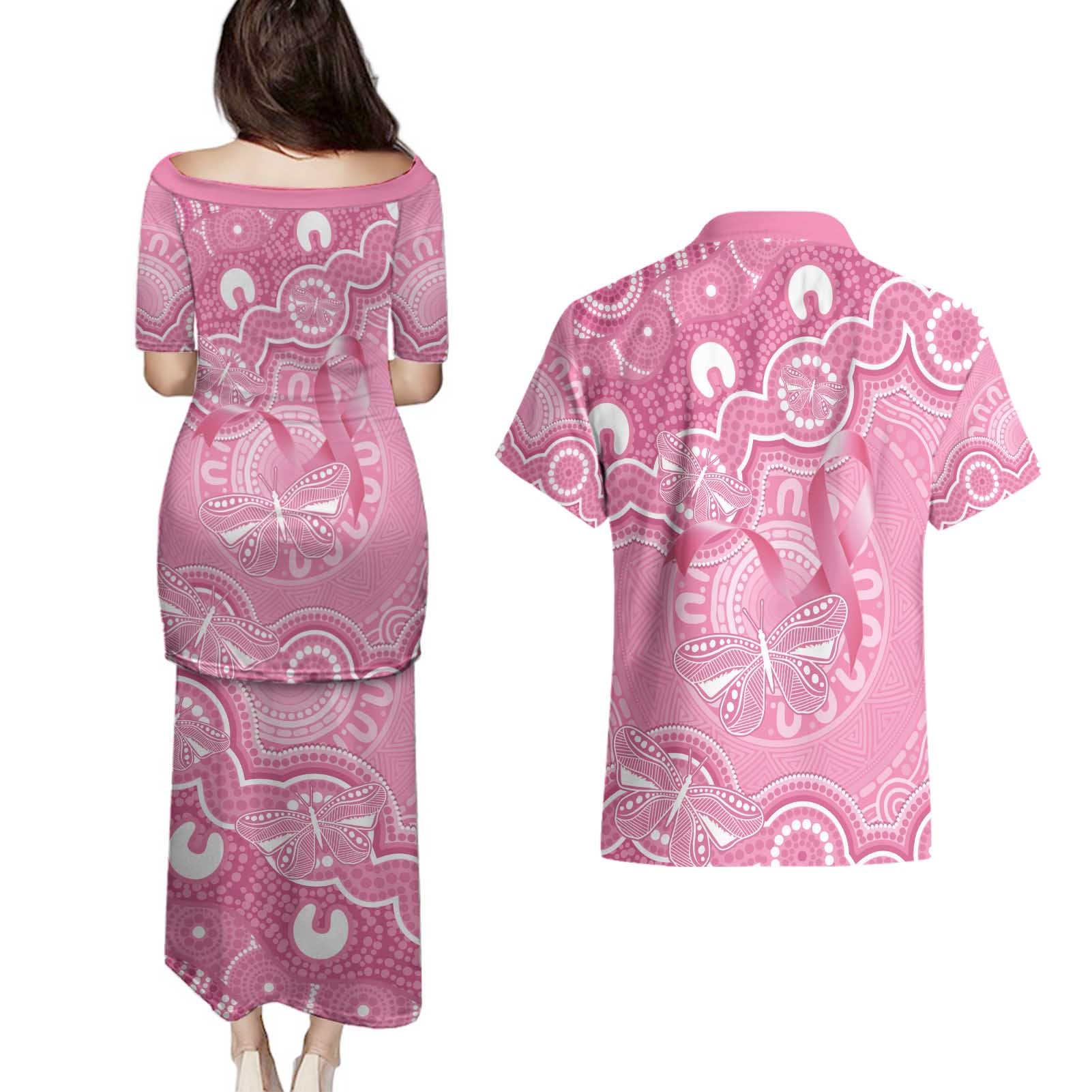 Australia Indigenous Couples Matching Puletasi and Hawaiian Shirt Pink Ribbon Breast Cancer Butterfly Aboriginal - Aussie Hoodie