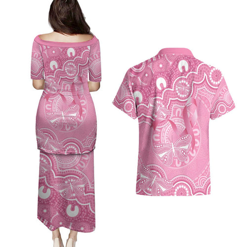 Australia Indigenous Couples Matching Puletasi and Hawaiian Shirt Pink Ribbon Breast Cancer Butterfly Aboriginal - Aussie Hoodie
