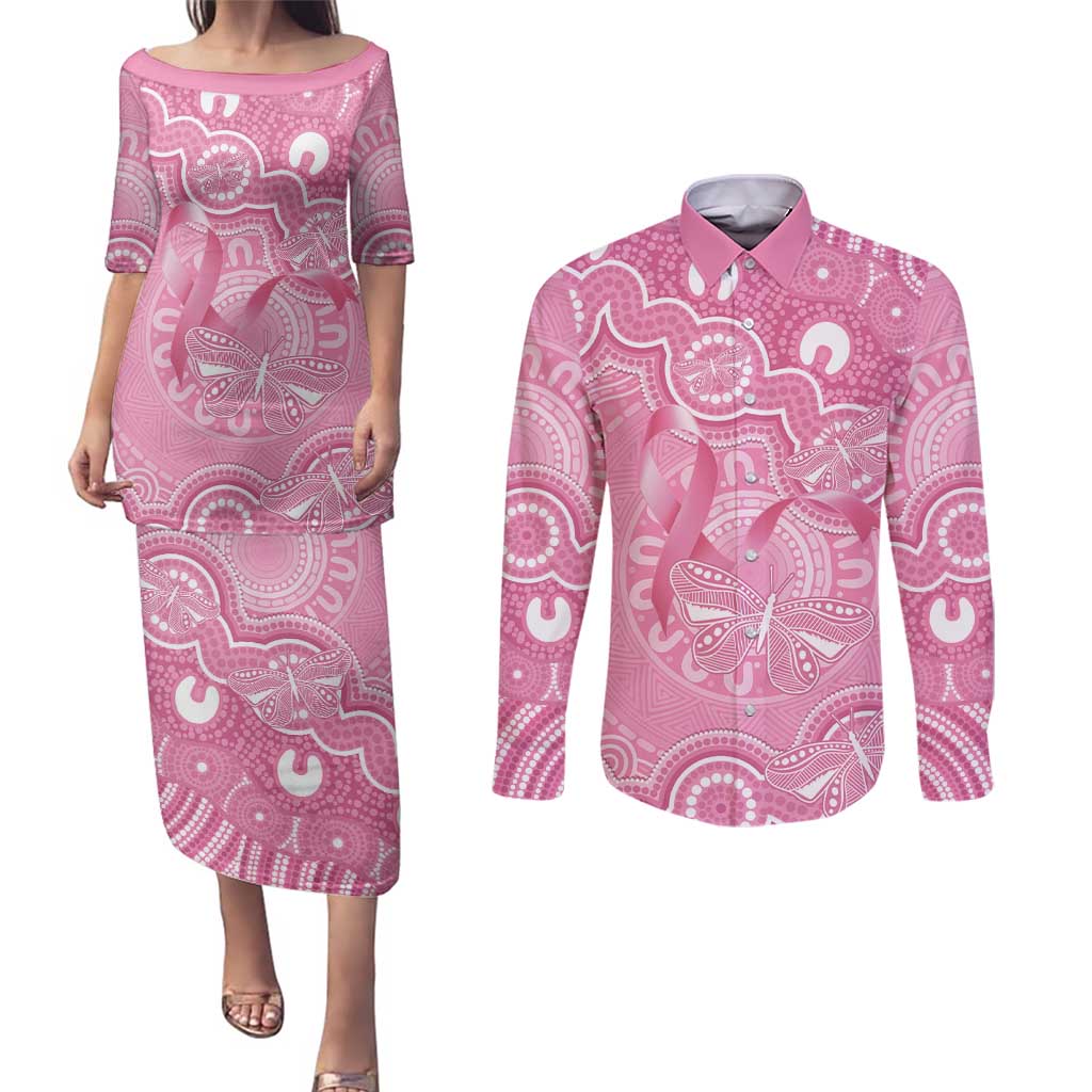 Australia Indigenous Couples Matching Puletasi and Long Sleeve Button Shirt Pink Ribbon Breast Cancer Butterfly Aboriginal - Aussie Hoodie