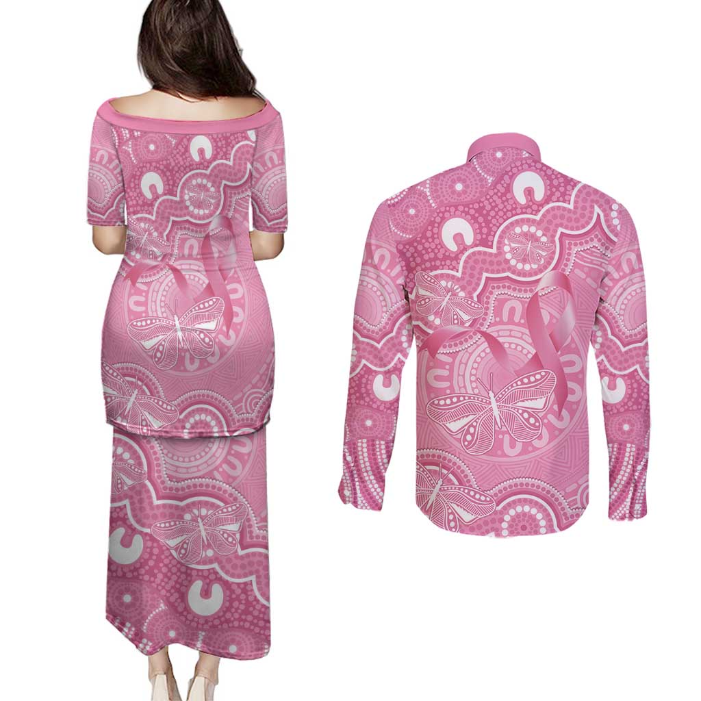 Australia Indigenous Couples Matching Puletasi and Long Sleeve Button Shirt Pink Ribbon Breast Cancer Butterfly Aboriginal - Aussie Hoodie