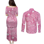 Australia Indigenous Couples Matching Puletasi and Long Sleeve Button Shirt Pink Ribbon Breast Cancer Butterfly Aboriginal - Aussie Hoodie