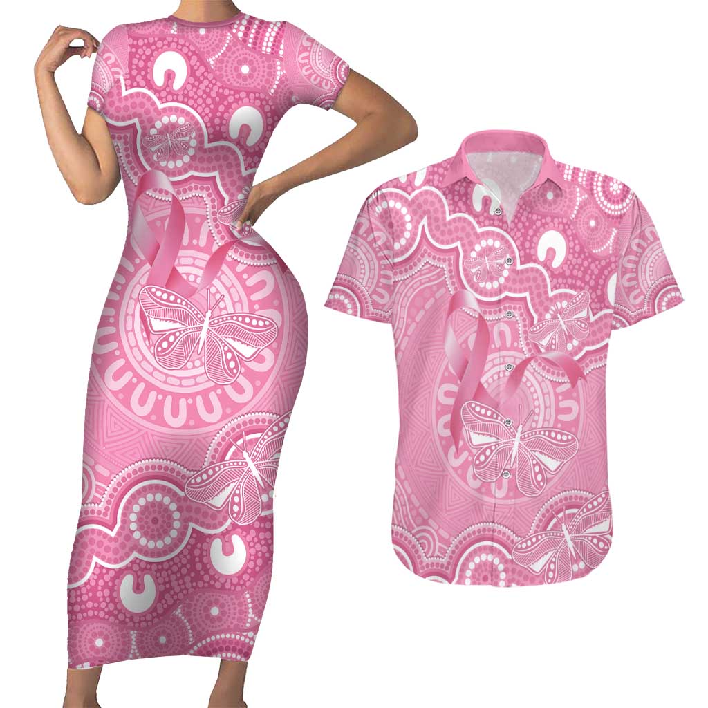 Australia Indigenous Couples Matching Short Sleeve Bodycon Dress and Hawaiian Shirt Pink Ribbon Breast Cancer Butterfly Aboriginal - Aussie Hoodie