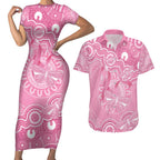 Australia Indigenous Couples Matching Short Sleeve Bodycon Dress and Hawaiian Shirt Pink Ribbon Breast Cancer Butterfly Aboriginal - Aussie Hoodie
