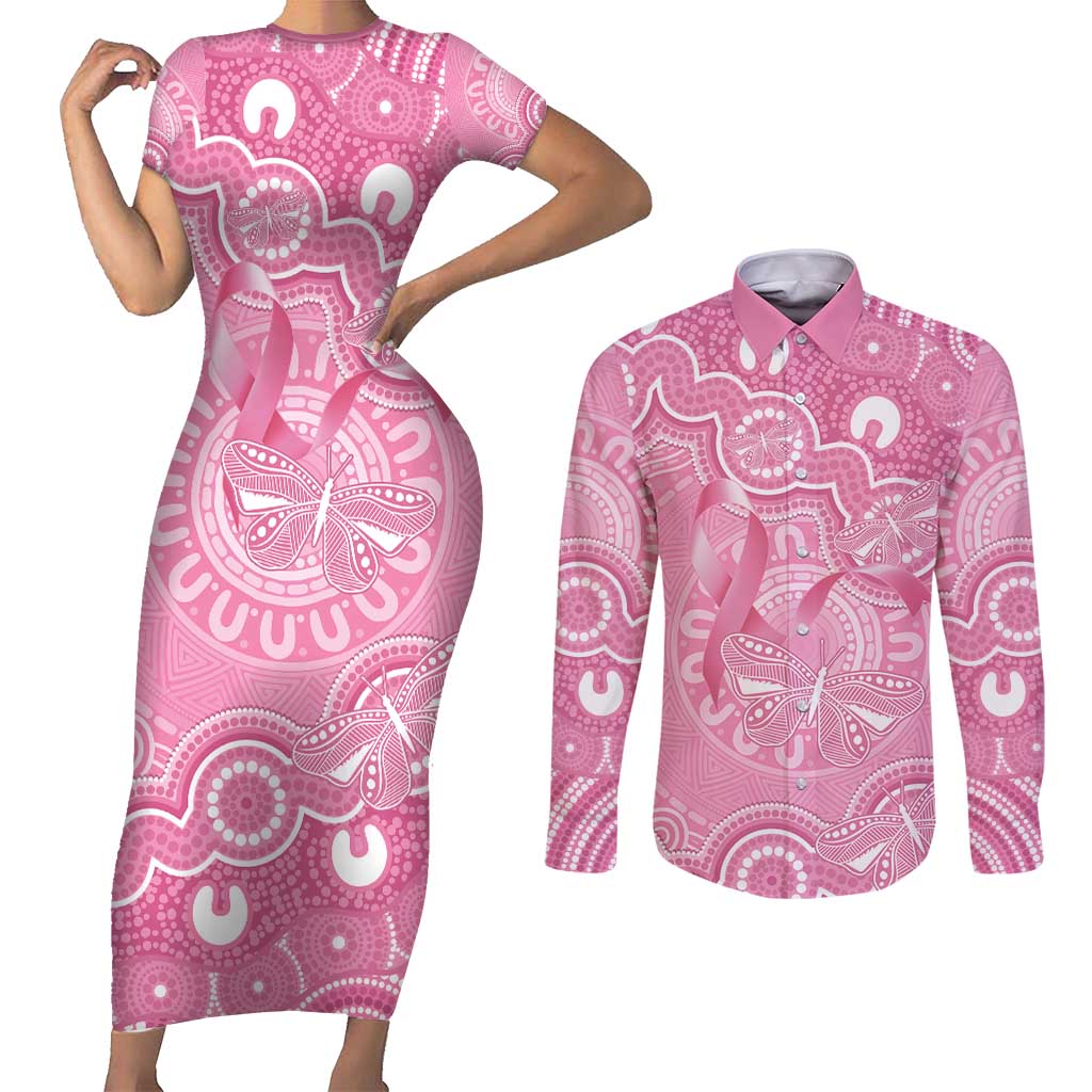Australia Indigenous Couples Matching Short Sleeve Bodycon Dress and Long Sleeve Button Shirt Pink Ribbon Breast Cancer Butterfly Aboriginal - Aussie Hoodie
