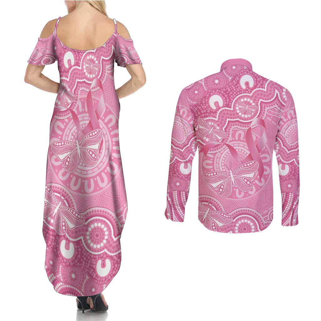 Australia Indigenous Couples Matching Summer Maxi Dress and Long Sleeve Button Shirt Pink Ribbon Breast Cancer Butterfly Aboriginal - Aussie Hoodie
