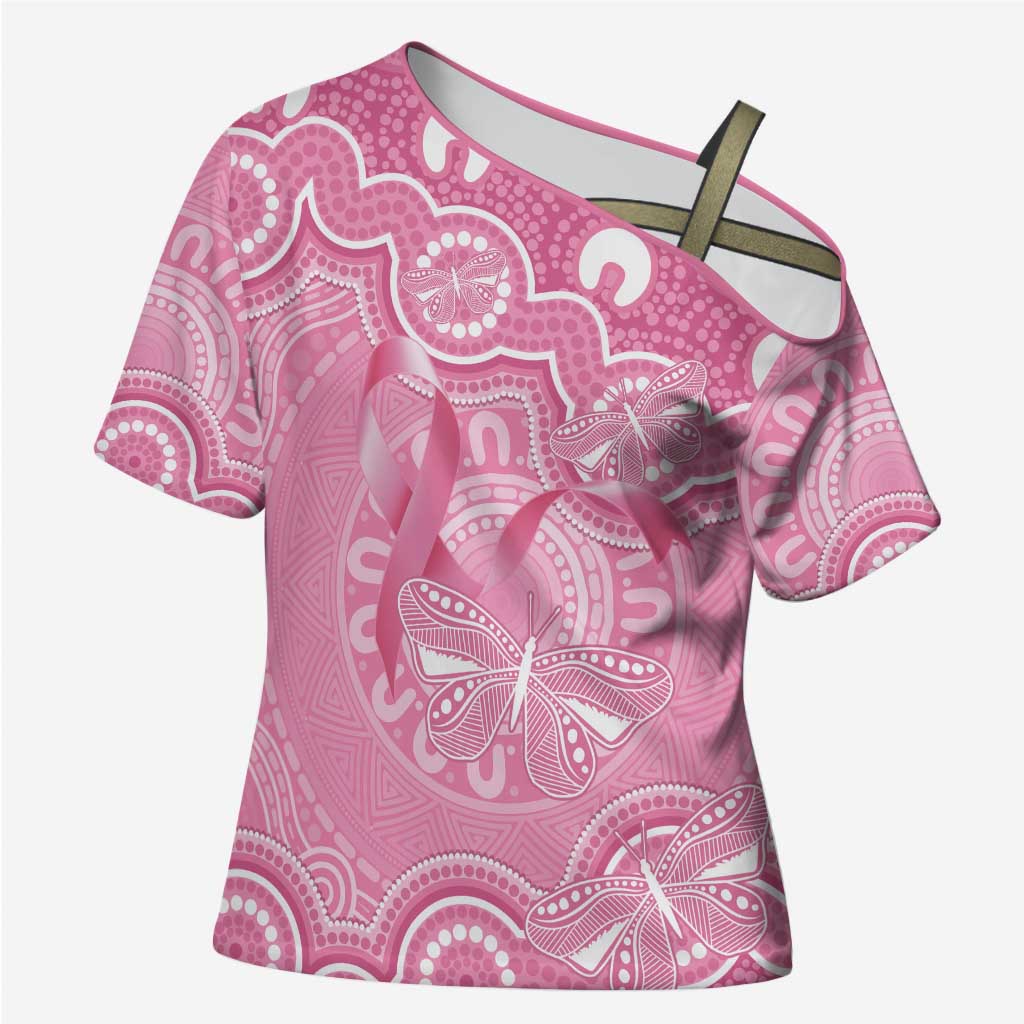 Australia Indigenous Cross Shoulder Shirt Pink Ribbon Breast Cancer Butterfly Aboriginal - Aussie Hoodie