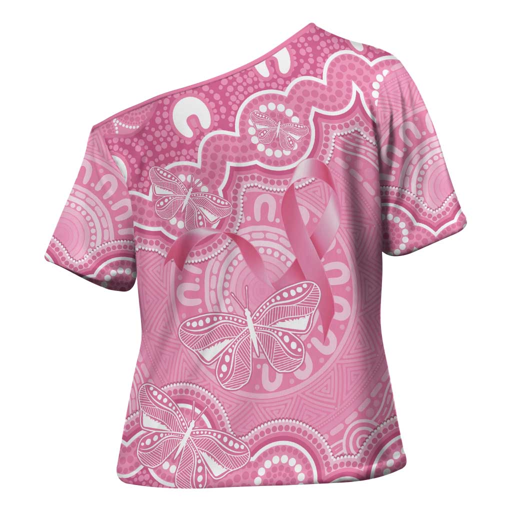 Australia Indigenous Cross Shoulder Shirt Pink Ribbon Breast Cancer Butterfly Aboriginal - Aussie Hoodie