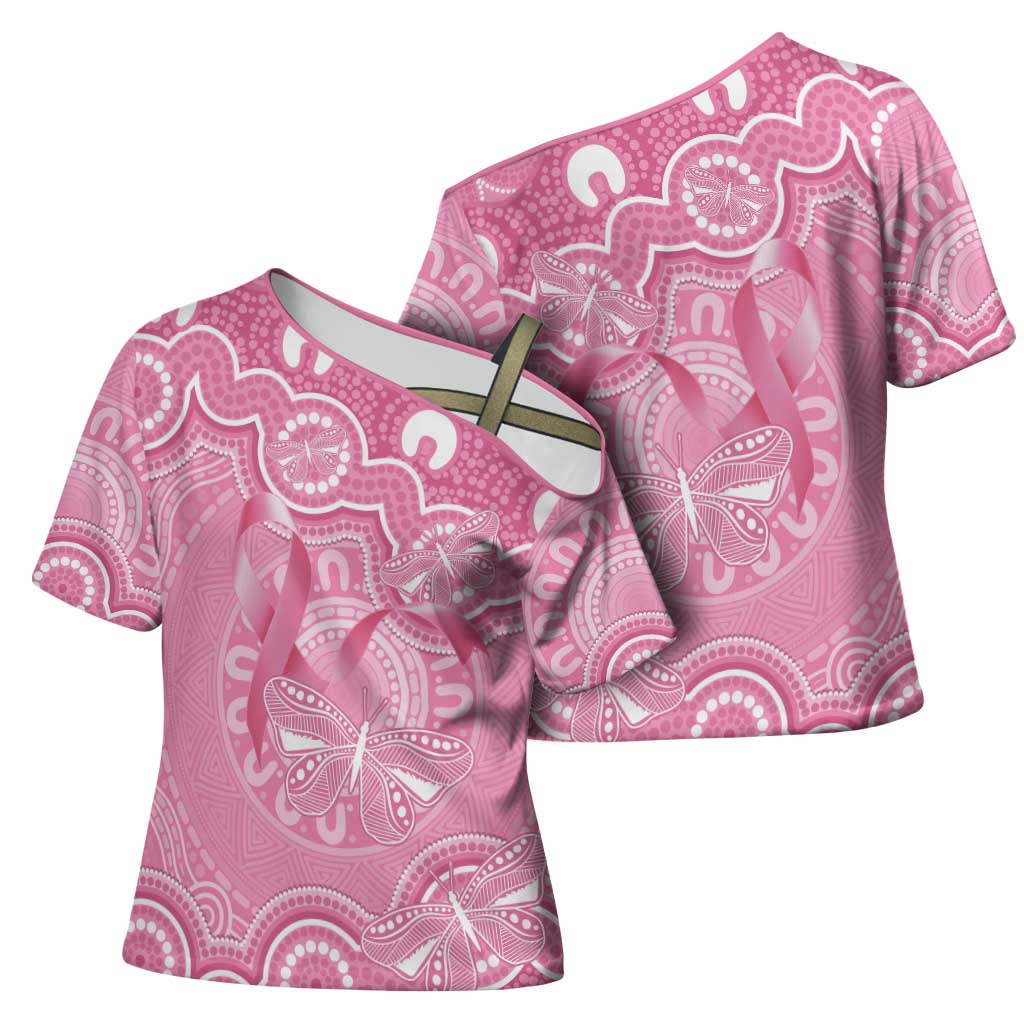 Australia Indigenous Cross Shoulder Shirt Pink Ribbon Breast Cancer Butterfly Aboriginal - Aussie Hoodie