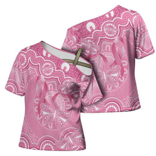Australia Indigenous Cross Shoulder Shirt Pink Ribbon Breast Cancer Butterfly Aboriginal - Aussie Hoodie