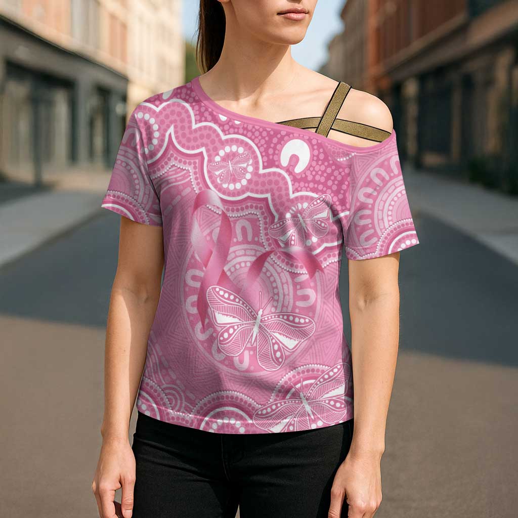 Australia Indigenous Cross Shoulder Shirt Pink Ribbon Breast Cancer Butterfly Aboriginal - Aussie Hoodie