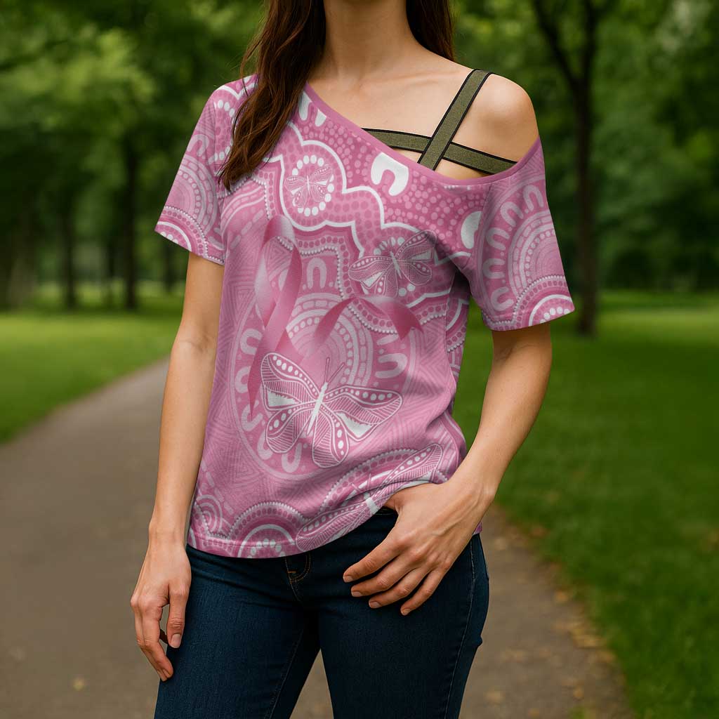 Australia Indigenous Cross Shoulder Shirt Pink Ribbon Breast Cancer Butterfly Aboriginal - Aussie Hoodie