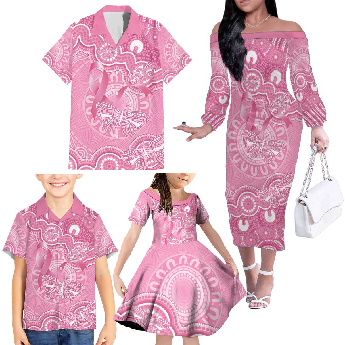 Australia Indigenous Family Matching Off The Shoulder Long Sleeve Dress and Hawaiian Shirt Pink Ribbon Breast Cancer Butterfly Aboriginal - Aussie Hoodie