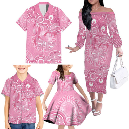 Australia Indigenous Family Matching Off The Shoulder Long Sleeve Dress and Hawaiian Shirt Pink Ribbon Breast Cancer Butterfly Aboriginal - Aussie Hoodie