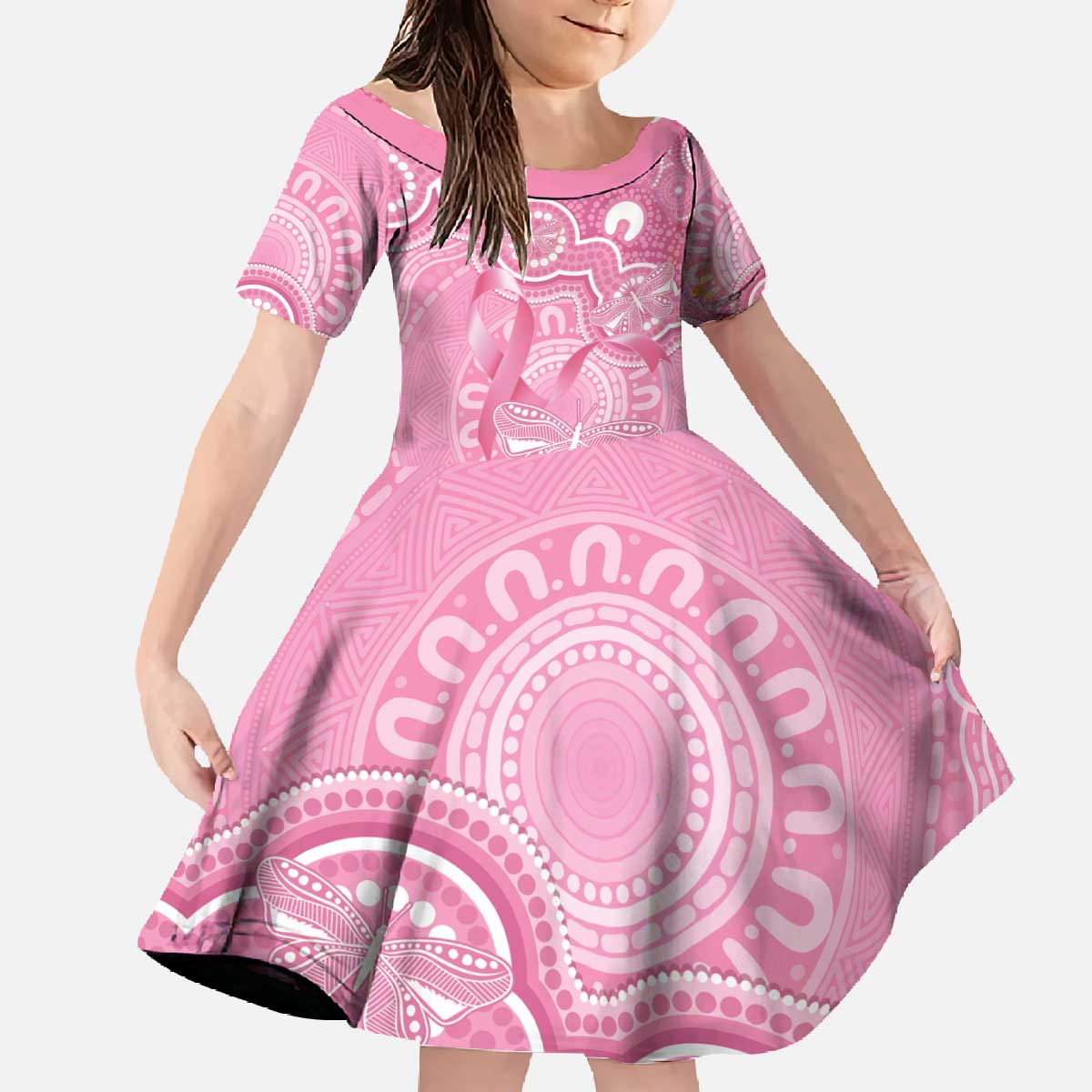 Australia Indigenous Family Matching Off The Shoulder Long Sleeve Dress and Hawaiian Shirt Pink Ribbon Breast Cancer Butterfly Aboriginal - Aussie Hoodie