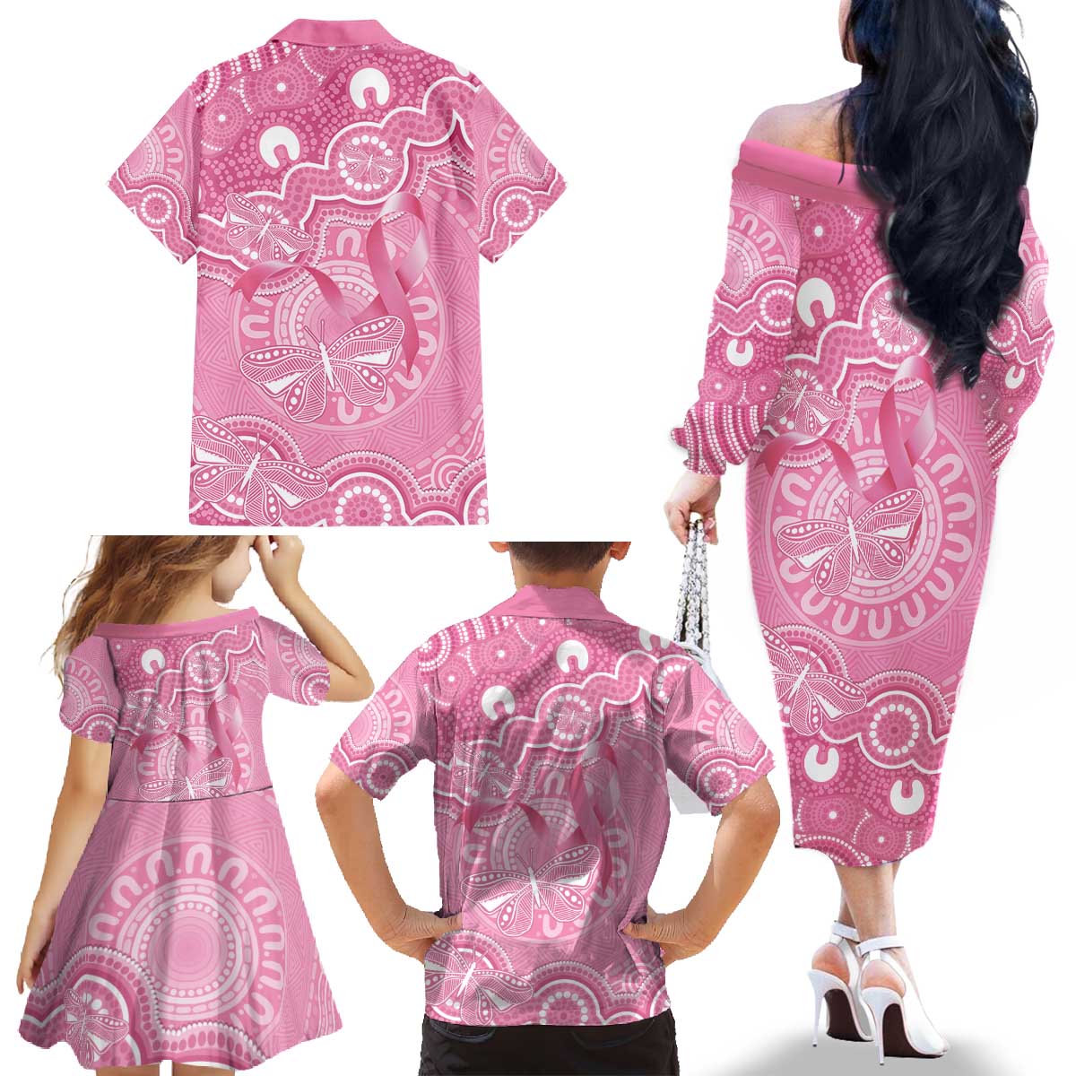 Australia Indigenous Family Matching Off The Shoulder Long Sleeve Dress and Hawaiian Shirt Pink Ribbon Breast Cancer Butterfly Aboriginal - Aussie Hoodie