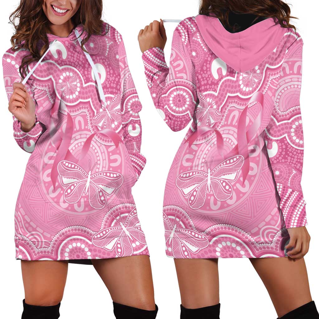 Australia Indigenous Hoodie Dress Pink Ribbon Breast Cancer Butterfly Aboriginal - Aussie Hoodie