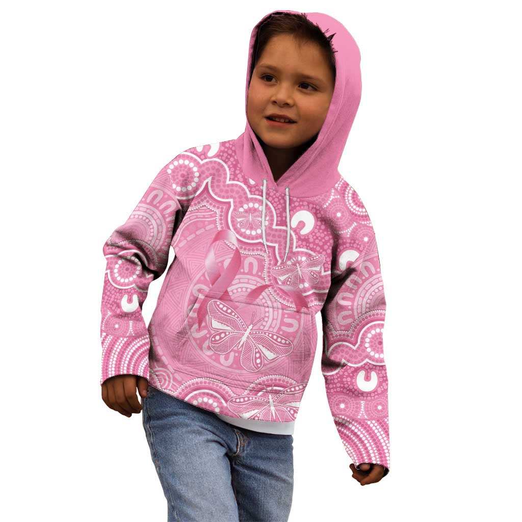 Australia Indigenous Kid Hoodie Pink Ribbon Breast Cancer Butterfly Aboriginal - Aussie Hoodie