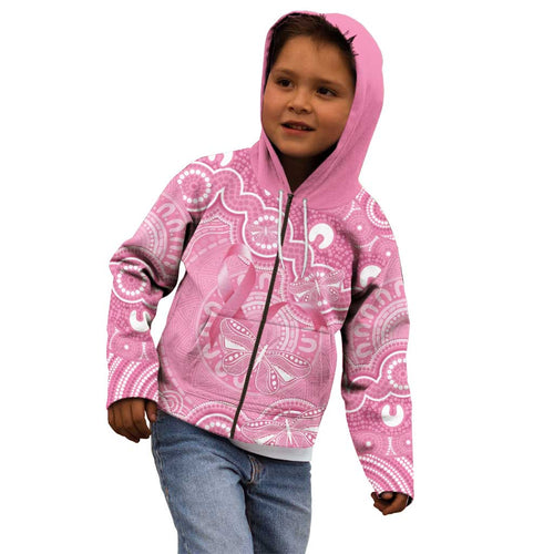 Australia Indigenous Kid Hoodie Pink Ribbon Breast Cancer Butterfly Aboriginal - Aussie Hoodie