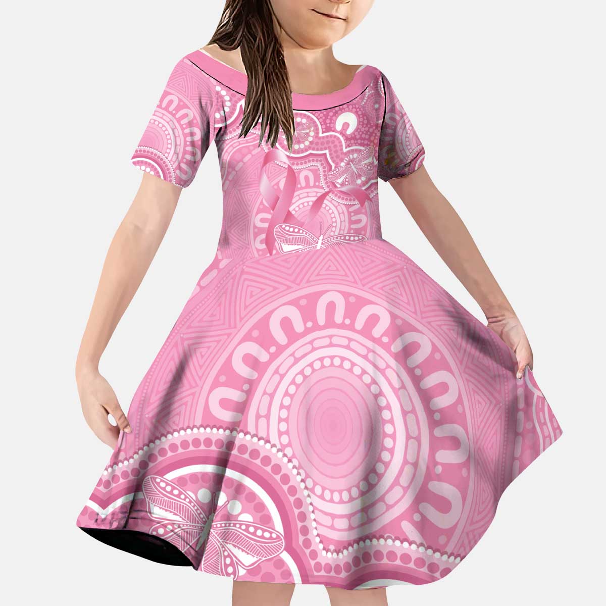Australia Indigenous Kid Short Sleeve Dress Pink Ribbon Breast Cancer Butterfly Aboriginal - Aussie Hoodie