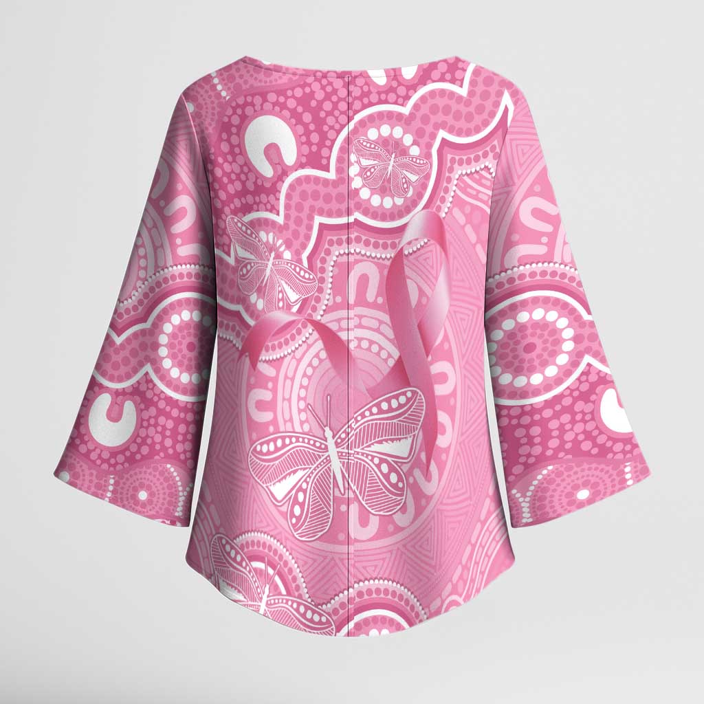 Australia Indigenous Kimono Sleeve Blouse Pink Ribbon Breast Cancer Butterfly Aboriginal - Aussie Hoodie